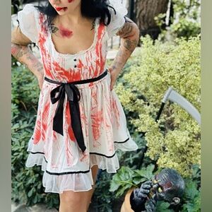 Women’s White Red Halloween Doll Mini Dress with Black Bow Short Sleeve Size S